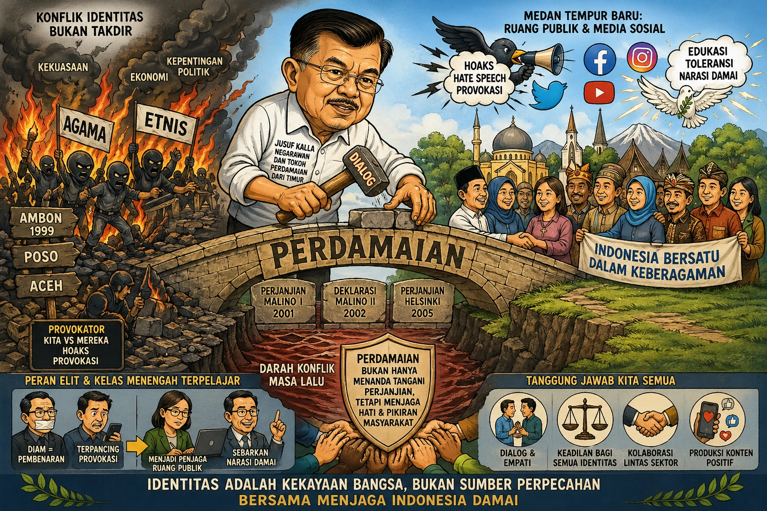 Jembatan perdamaian telah dibangun oleh Jusuf Kalla, tetapi masa depannya bergantung pada keberanian kita menjaga ruang publik dari api kebencian identitas. (Karikatur dibuat oleh AI)